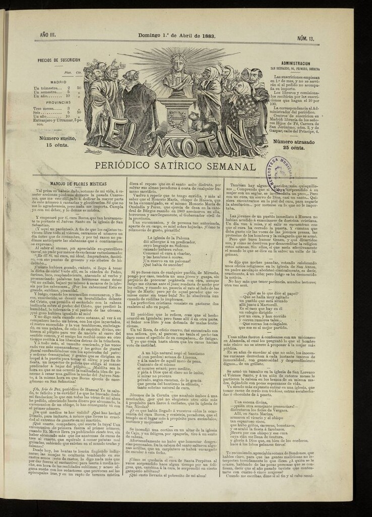 Miniatura de El Motín: periódico satírico del domingo 1 de abril de 1883