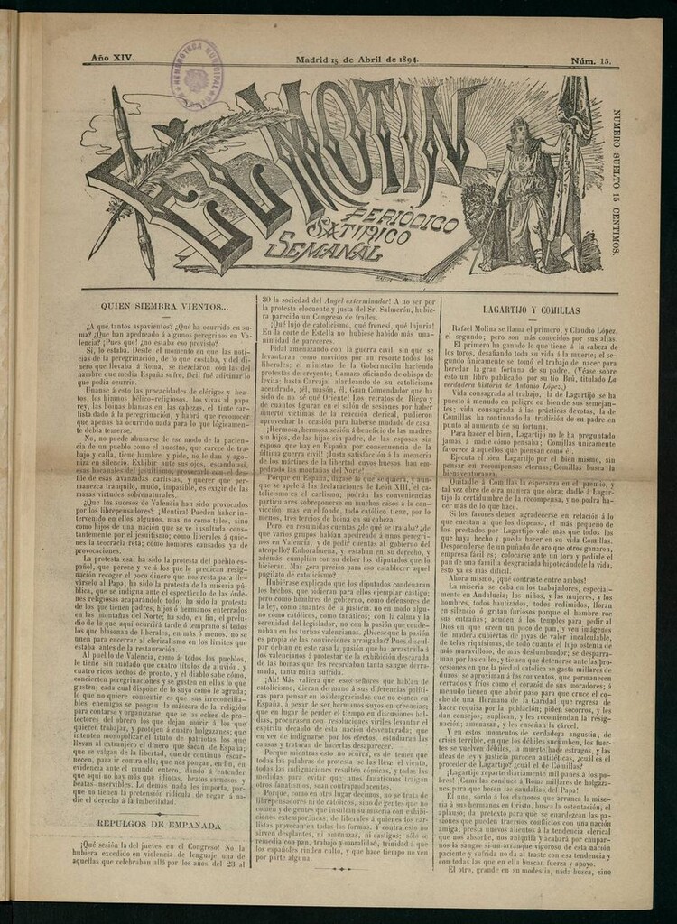 Miniatura de El Motín: periódico satírico semanal del 15 de Abril de 1894