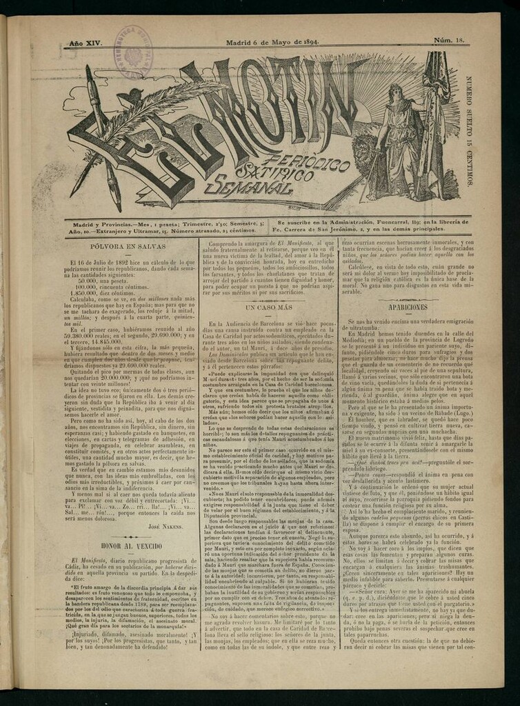 Miniatura de El Motín: periódico satírico semanal del 6 de Mayo de 1894
