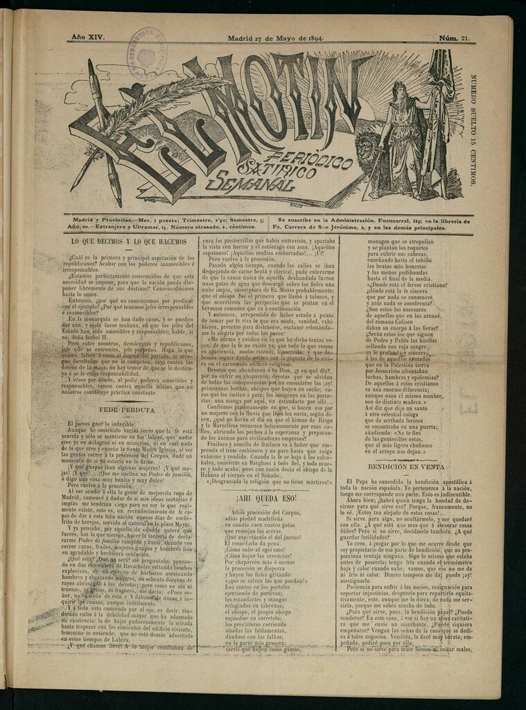 Miniatura de El Motín: periódico satírico semanal del 27 de Mayo de 1894
