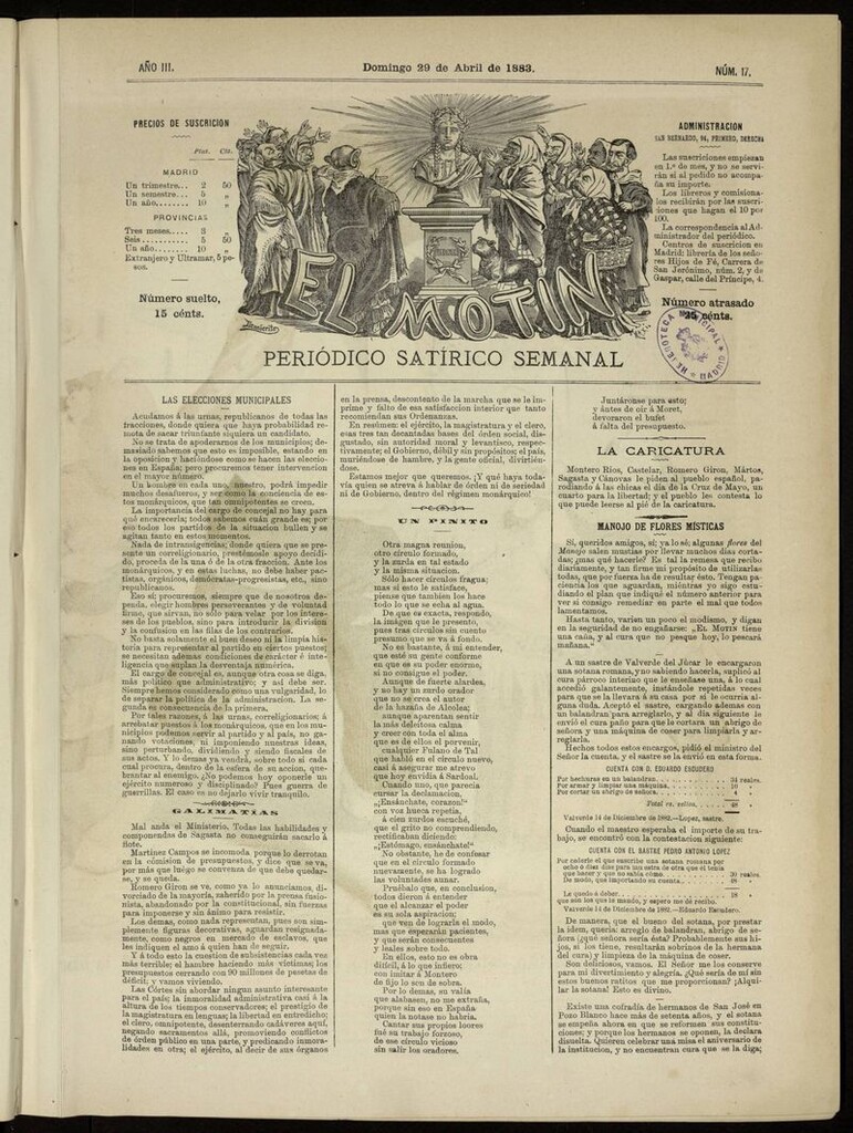 Miniatura de El Motín: periódico satírico del domingo 29 de abril de 1883
