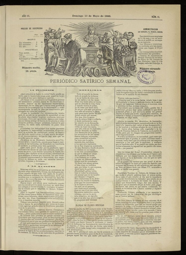 Miniatura de El Motín: periódico satírico del domingo 13 de mayo de 1883