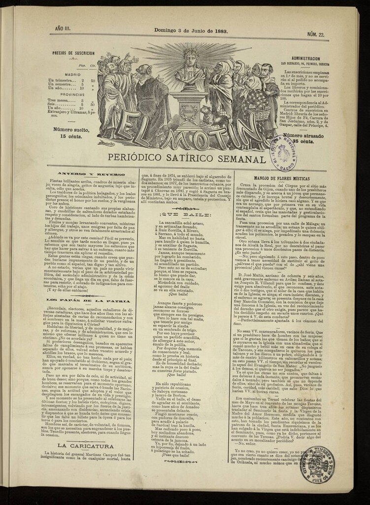 Miniatura de El Motín: periódico satírico del domingo 3 de junio de 1883