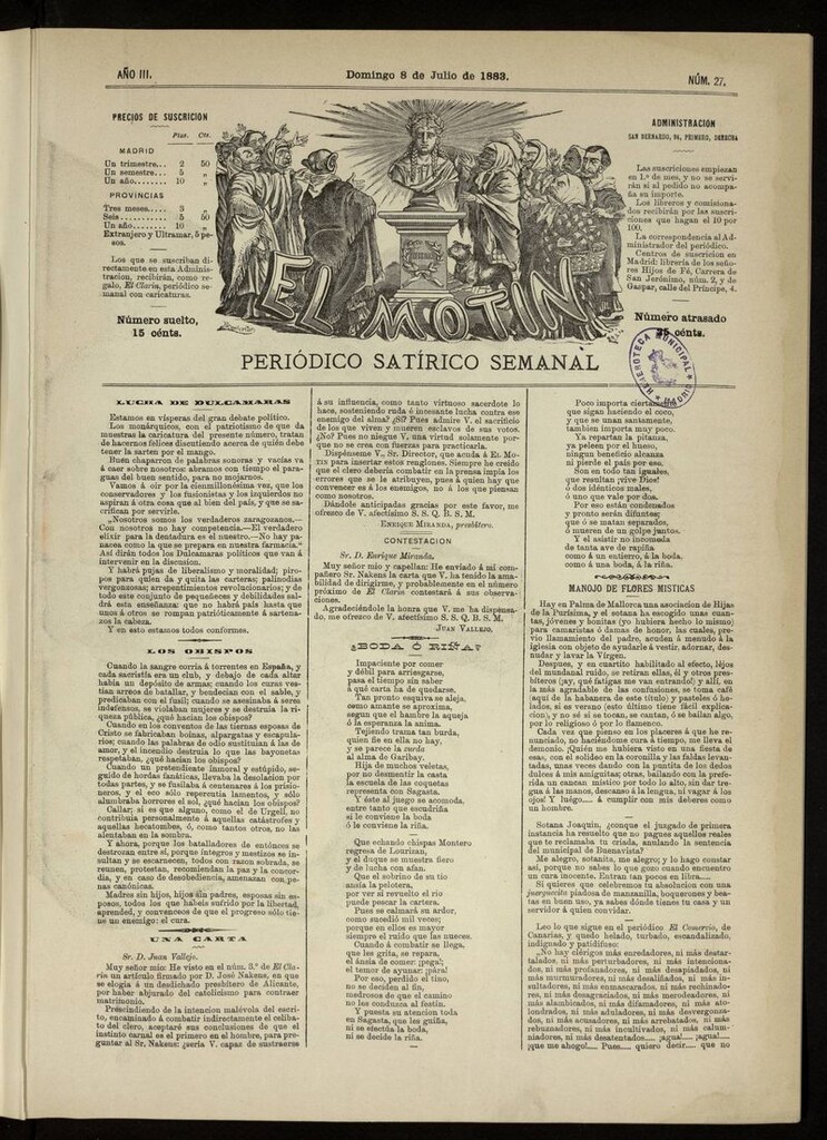 Miniatura de El Motín: periódico satírico del domingo 8 de julio de 1883