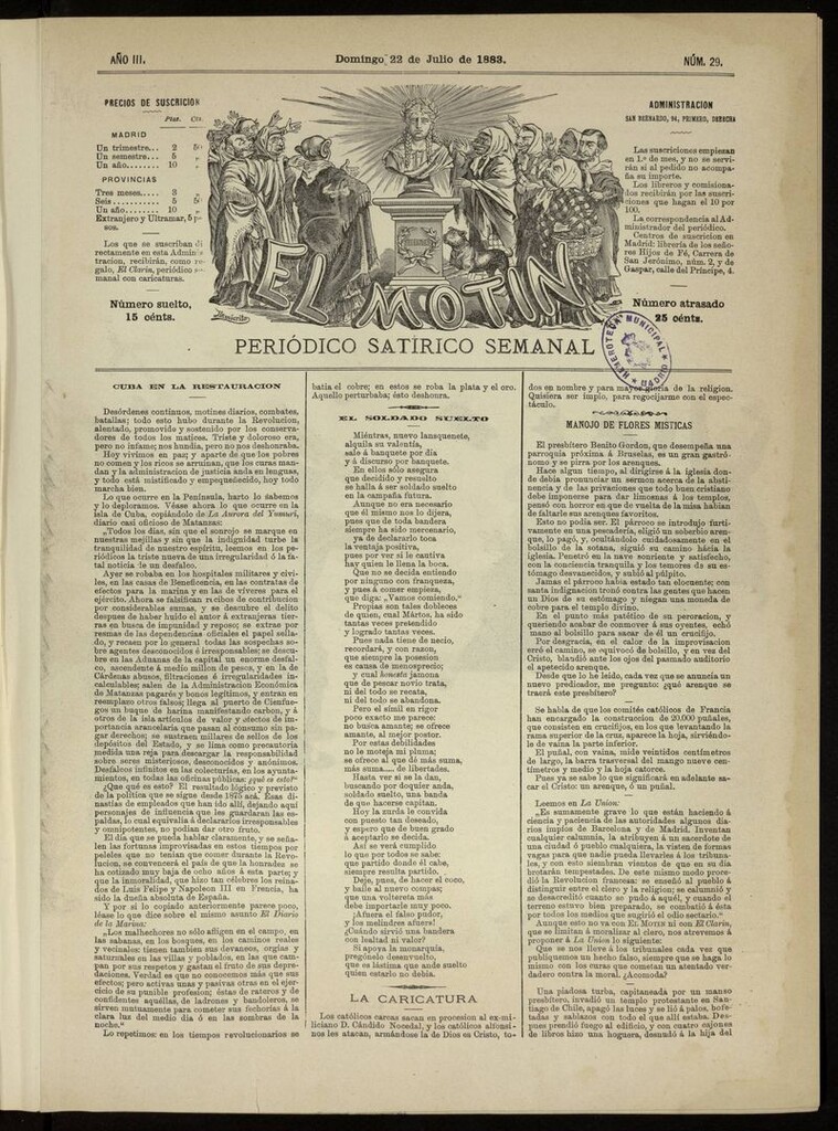 Miniatura de El Motín: periódico satírico del domingo 22 de julio de 1883