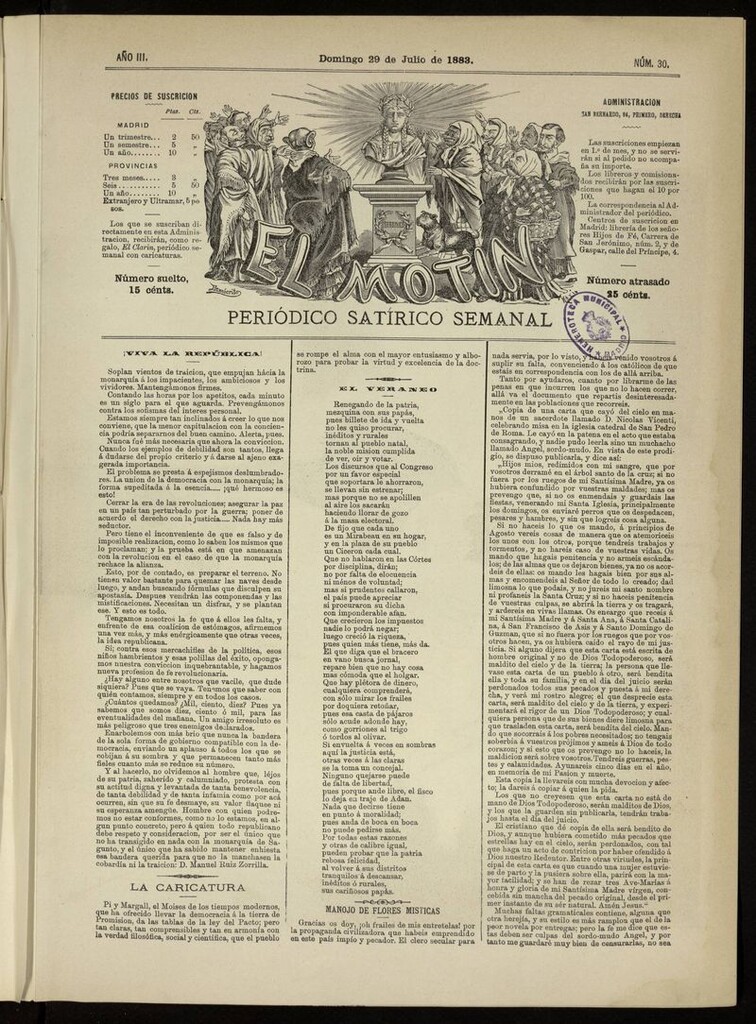 Miniatura de El Motín: periódico satírico del domingo 29 de julio de 1883
