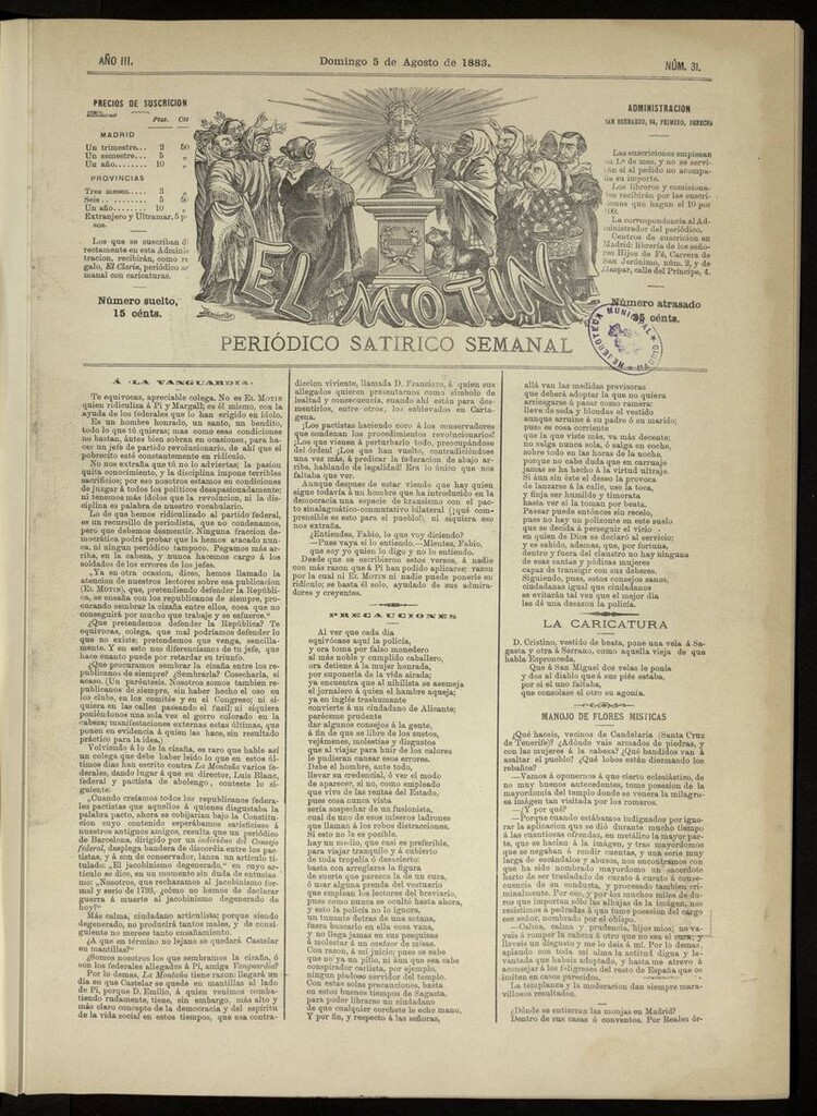Miniatura de El Motín: periódico satírico del domingo 5 de agosto de 1883