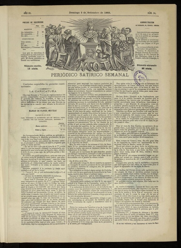 Miniatura de El Motín: periódico satírico del domingo 2 de septiembre de 1883