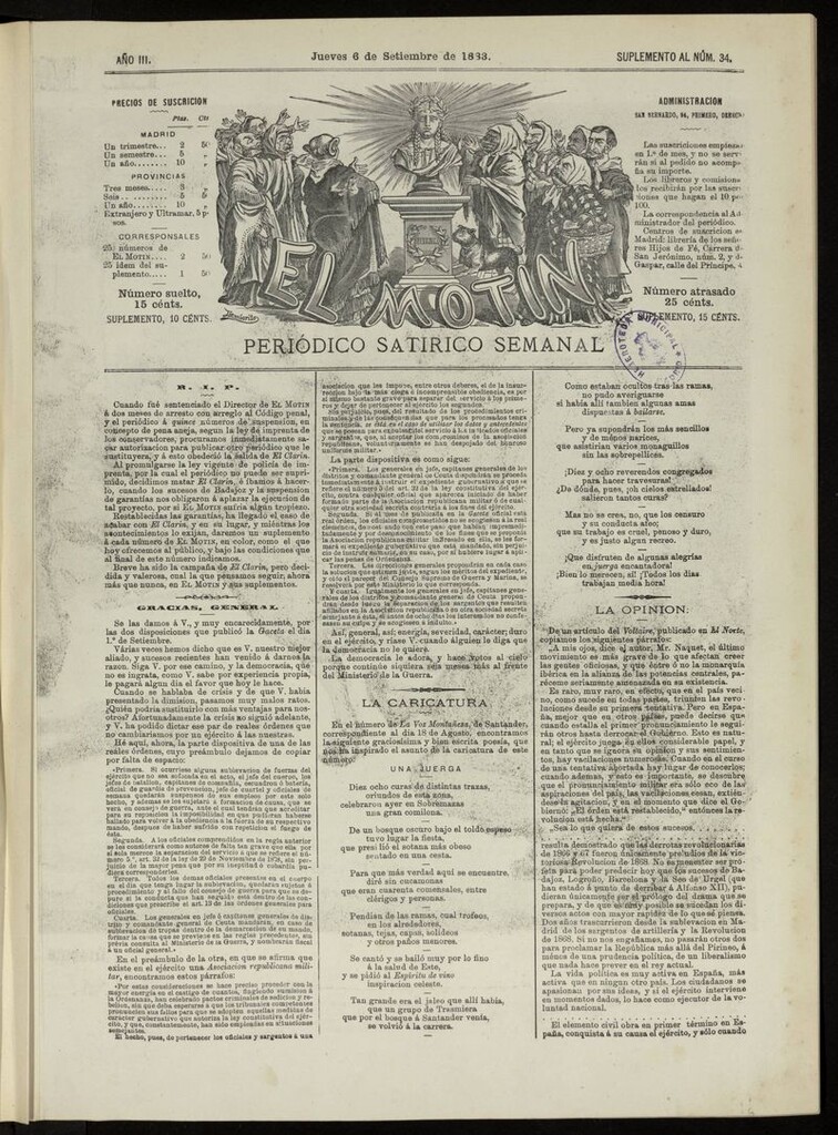 Miniatura de El Motín: periódico satírico del jueves 6 de septiembre de 1883
