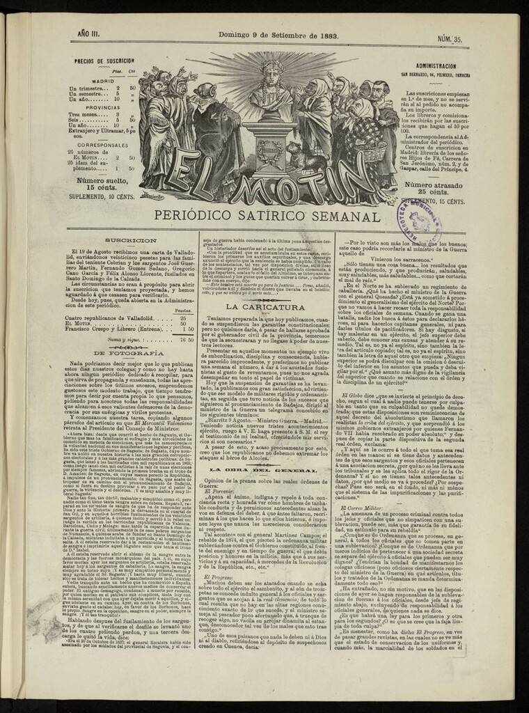 Miniatura de El Motín: periódico satírico del domingo 9 de septiembre de 1883