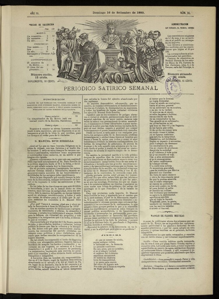 Miniatura de El Motín: periódico satírico del domingo 16 de septiembre de 1883
