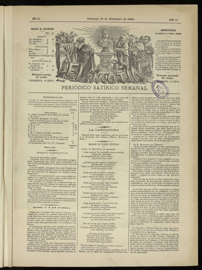 Miniatura de El Motín: periódico satírico del domingo 23 de septiembre de 1883