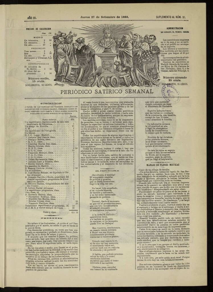 Miniatura de El Motín: periódico satírico del jueves 27 de septiembre de 1883