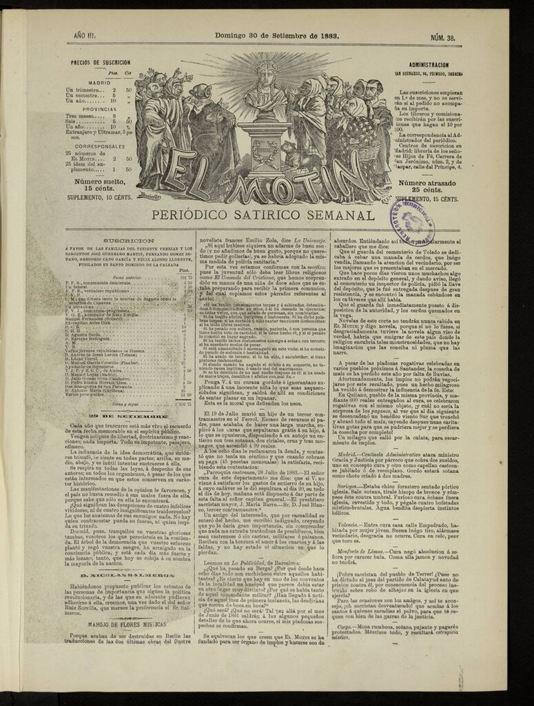 Miniatura de El Motín: periódico satírico del domingo 30 de septiembre de 1883