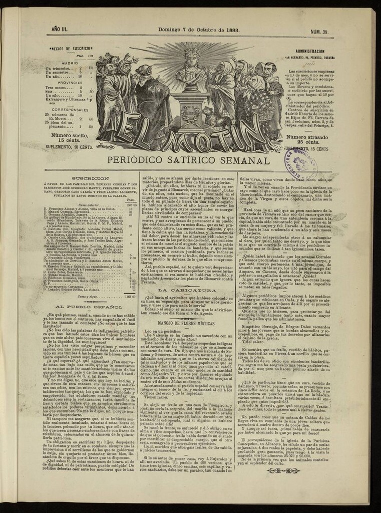Miniatura de El Motín: periódico satírico del domingo 7 de octubre de 1883