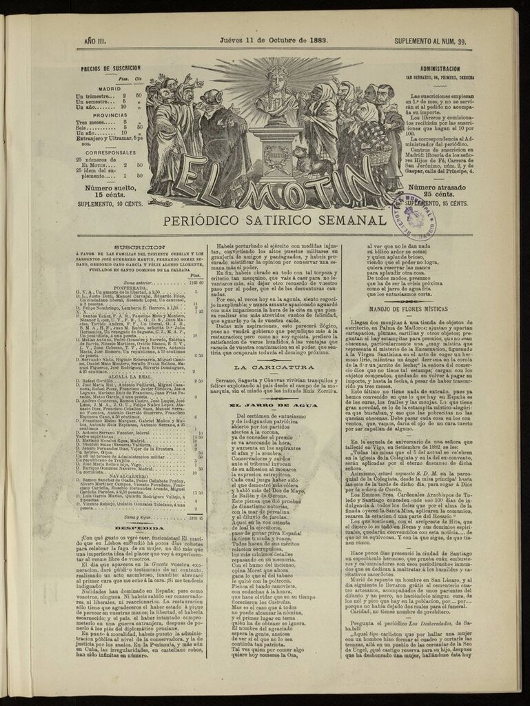 Miniatura de El Motín: periódico satírico del jueves 11 de octubre de 1883