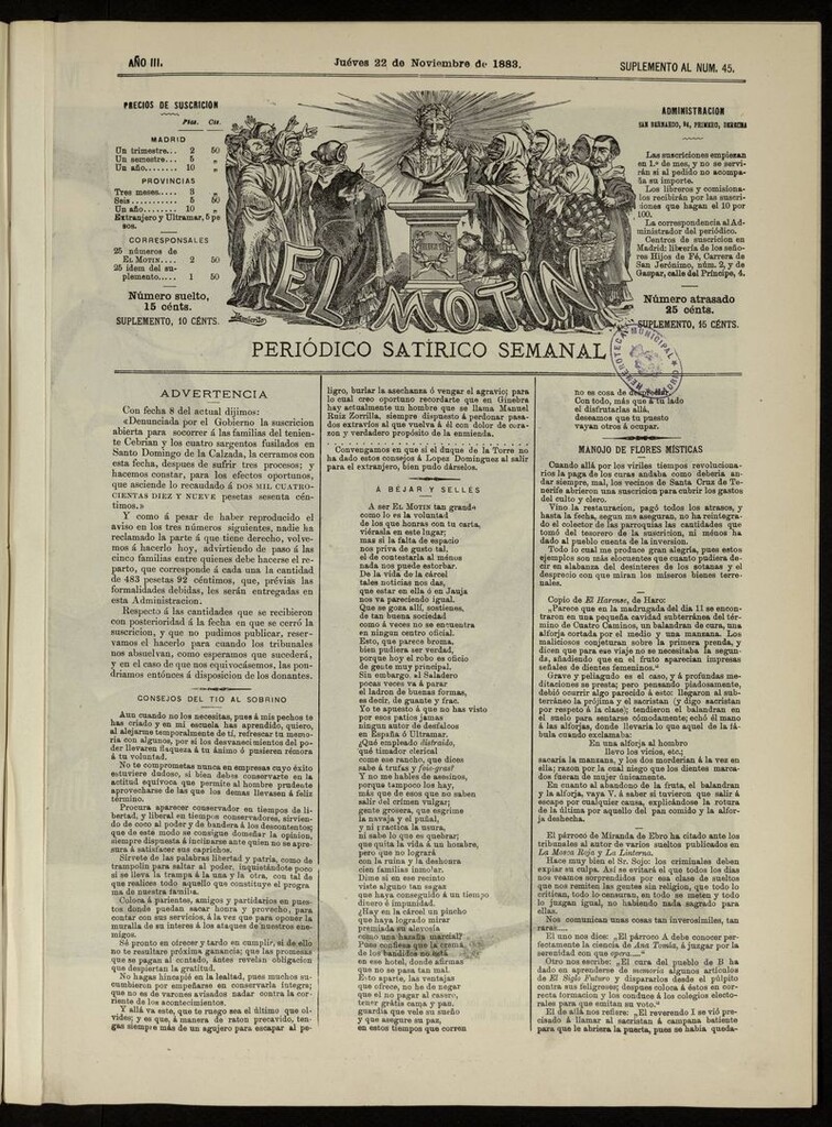 Miniatura de El Motín: periódico satírico del jueves 22 de noviembre de 1883