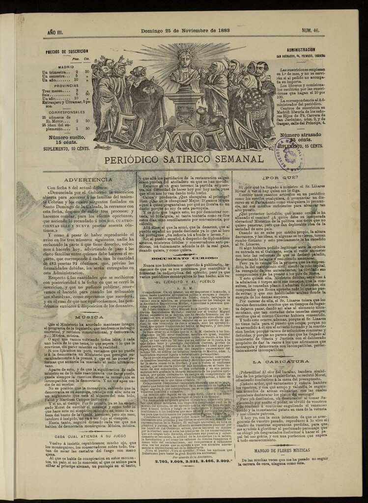 Miniatura de El Motín: periódico satírico del domingo 25 de noviembre de 1883