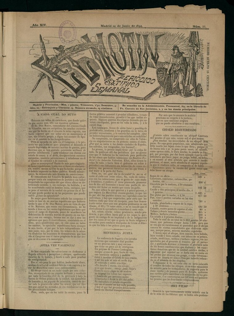 Miniatura de El Motín: periódico satírico semanal del 24 de Junio de 1894