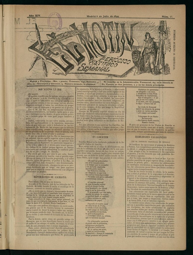 Miniatura de El Motín: periódico satírico semanal del 8 de Julio de 1894