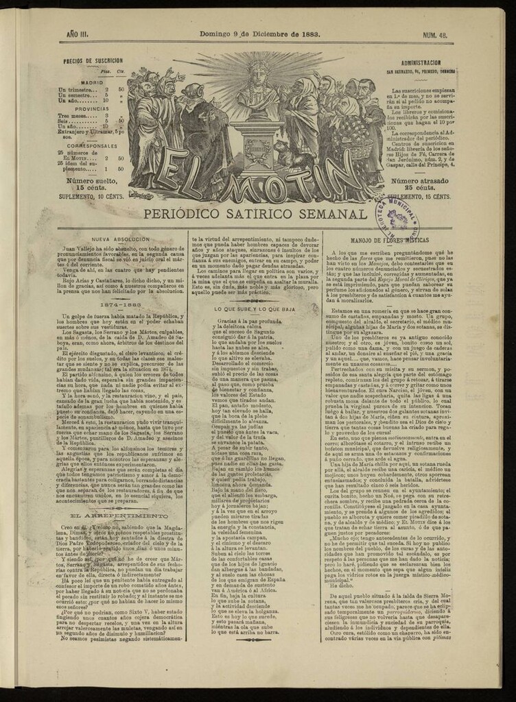 Miniatura de El Motín: periódico satírico del domingo 9 de diciembre de 1883