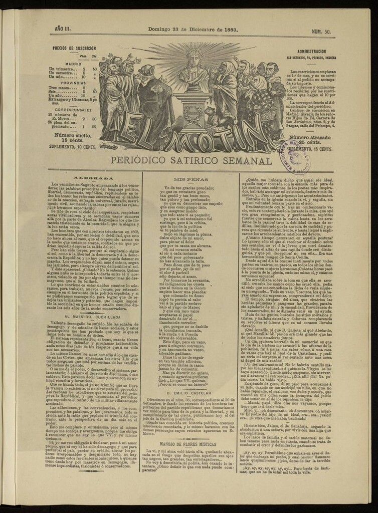 Miniatura de El Motín: periódico satírico del domingo 23 de diciembre de 1883