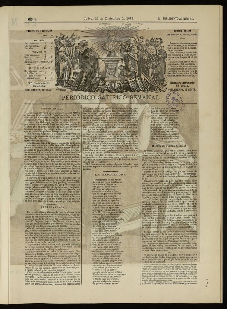 Miniatura de El Motín: periódico satírico del jueves 27 de diciembre de 1883