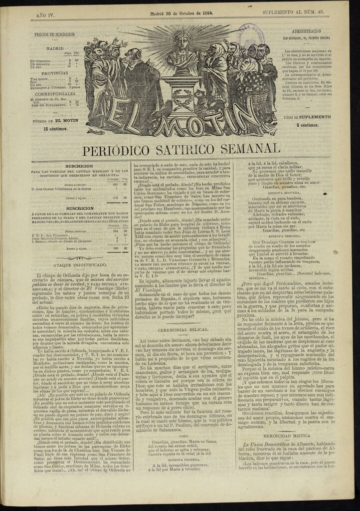 Miniatura de El Motín: periódico satírico semanal del 30 de octubre de 1884