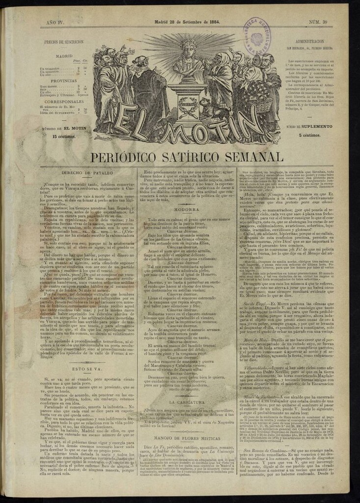 Miniatura de El Motín: periódico satírico semanal del 27 de noviembre de 1884