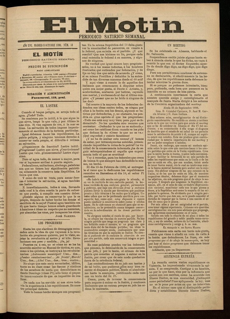 Miniatura de El Motín: periódico satírico semanal 3 de Octubre de 1896