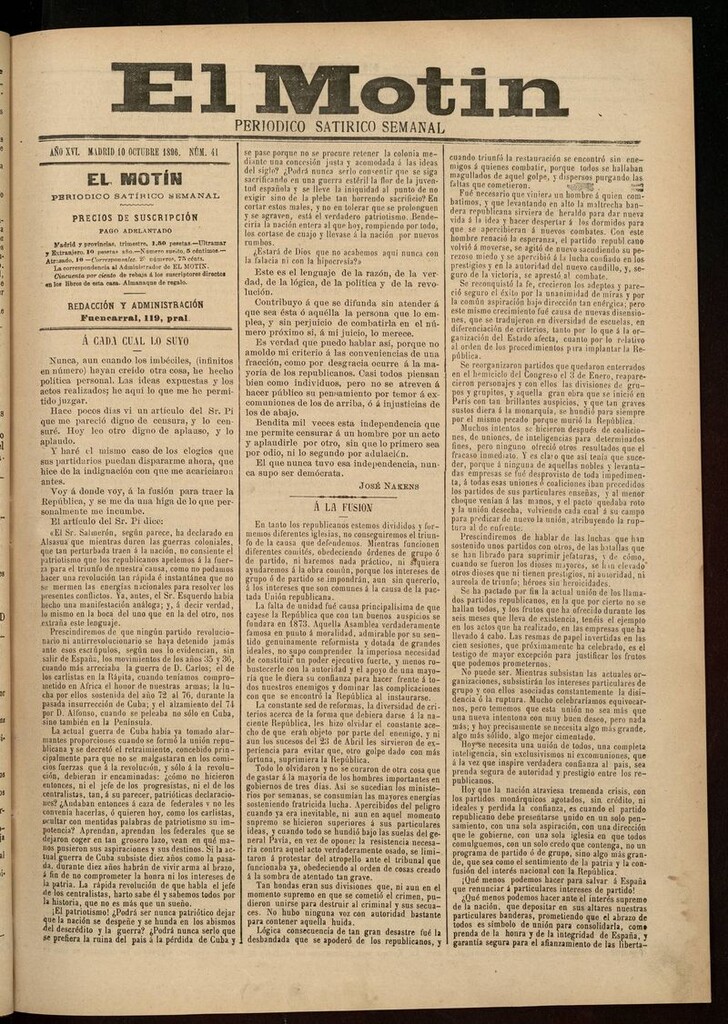 Miniatura de El Motín: periódico satírico semanal 10 de Octubre de 1896
