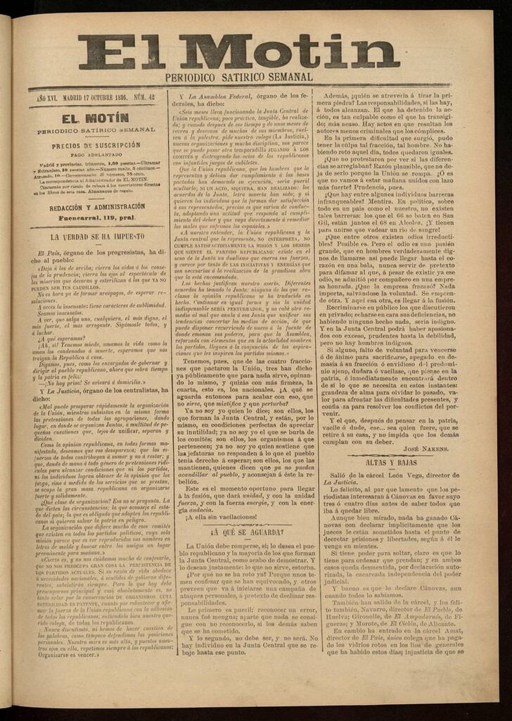 Miniatura de El Motín: periódico satírico semanal 17 de Octubre de 1896