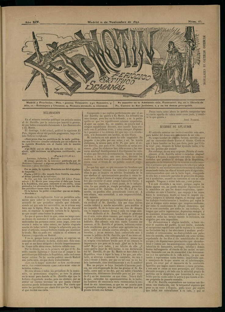 Miniatura de El Motín: periódico satírico semanal del 11 de noviembre de 1894
