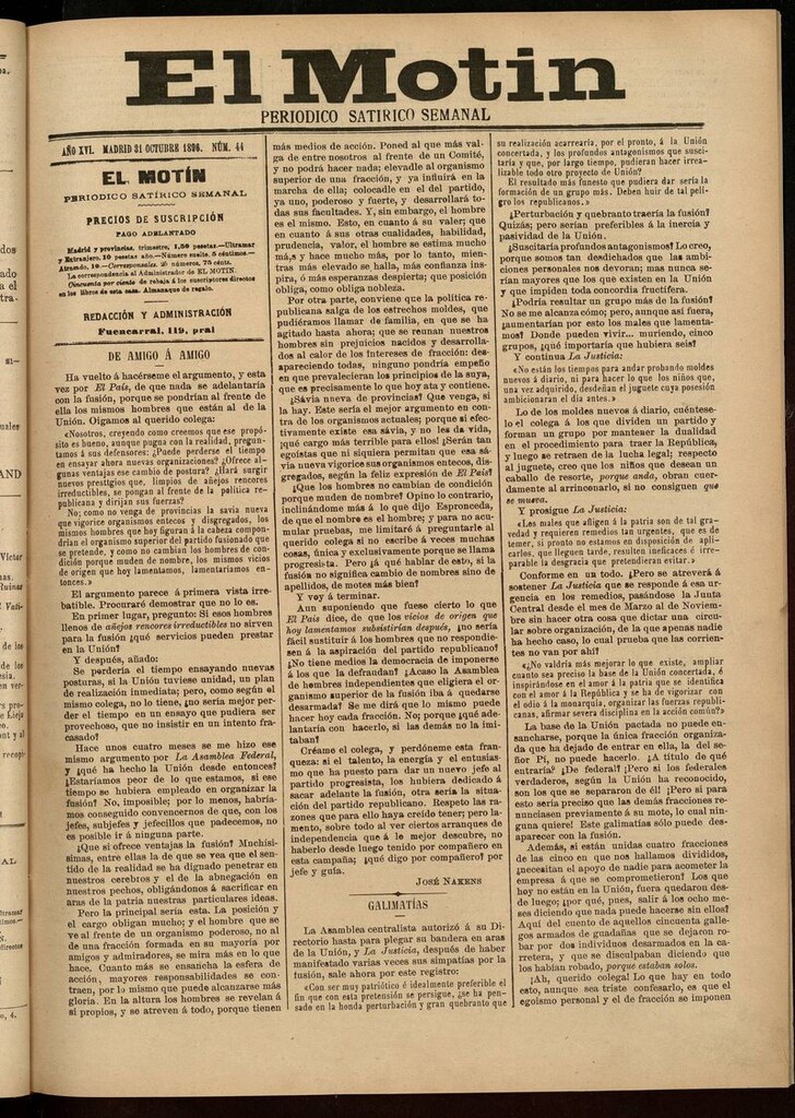 Miniatura de El Motín: periódico satírico semanal 31 de Octubre de 1896