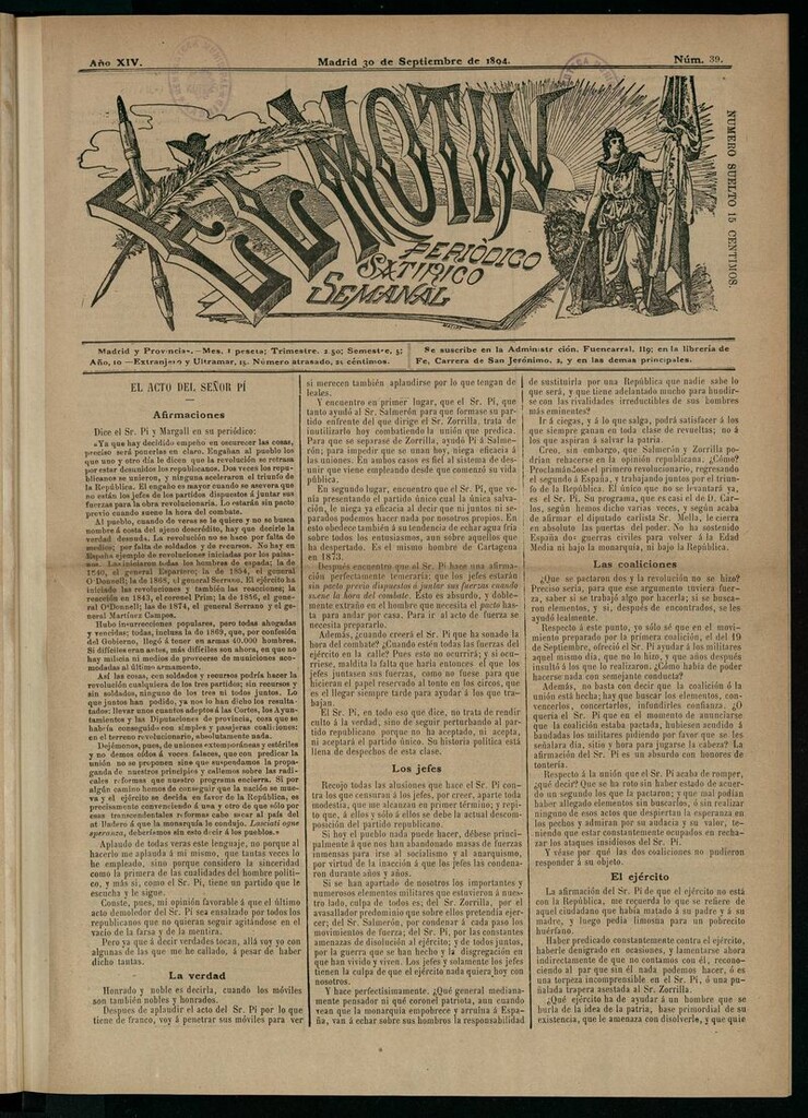 Miniatura de El Motín: periódico satírico semanal del 30 de septiembre de 1894