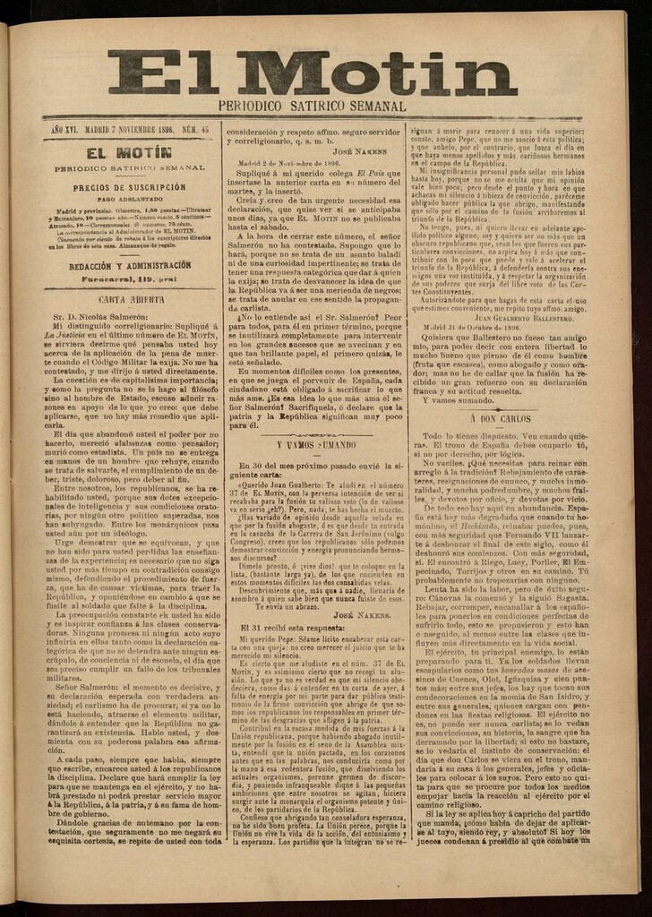 Miniatura de El Motín: periódico satírico semanal 7 de Noviembre de 1896