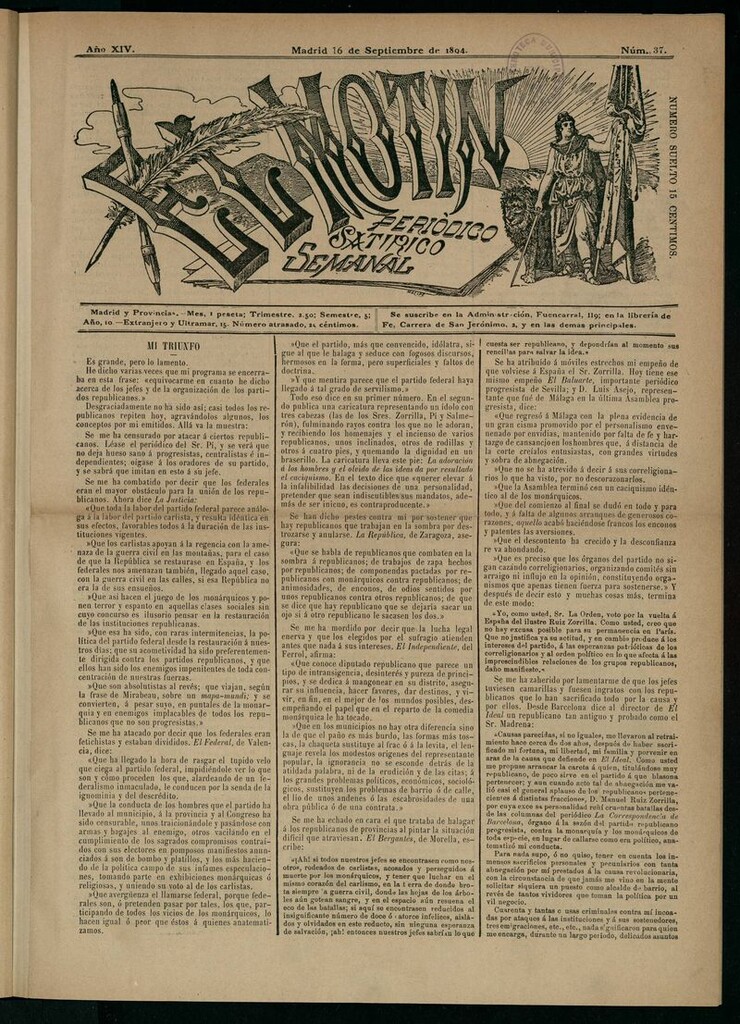 Miniatura de El Motín: periódico satírico semanal del 16 de septiembre de 1894