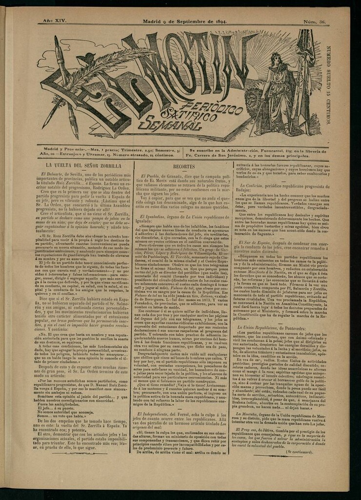 Miniatura de El Motín: periódico satírico semanal del 9 de septiembre de 1894