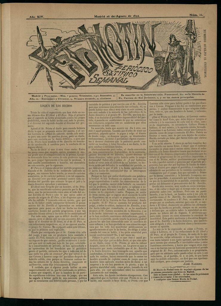 Miniatura de El Motín: periódico satírico semanal del 26 de agosto de 1894