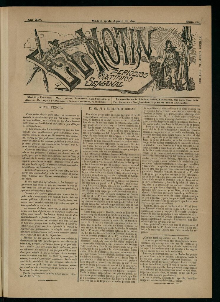 Miniatura de El Motín: periódico satírico semanal del 19 de agosto de 1894