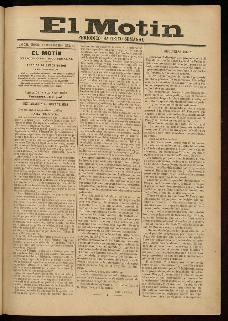 Miniatura de El Motín: periódico satírico semanal 14 de Noviembre de 1896
