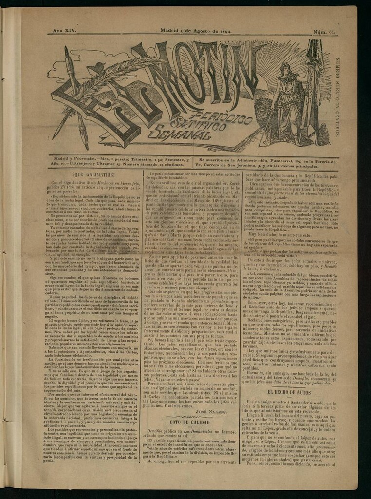 Miniatura de El Motín: periódico satírico semanal del 5 de agosto de 1894