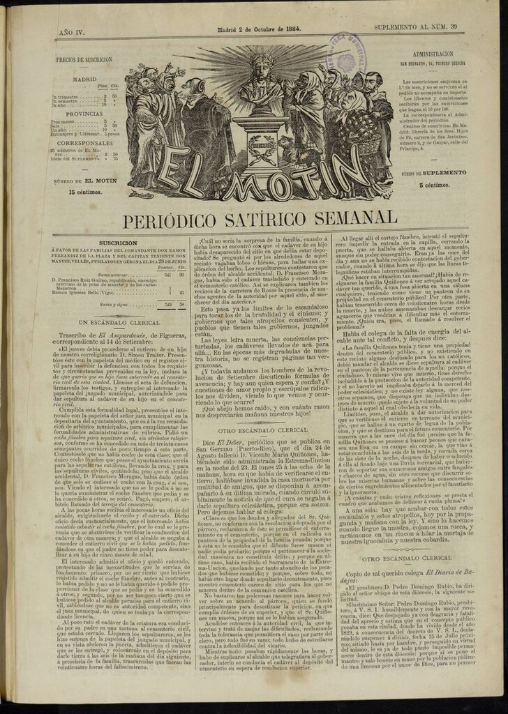 Miniatura de El Motín: periódico satírico semanal del 2 de octubre de 1884