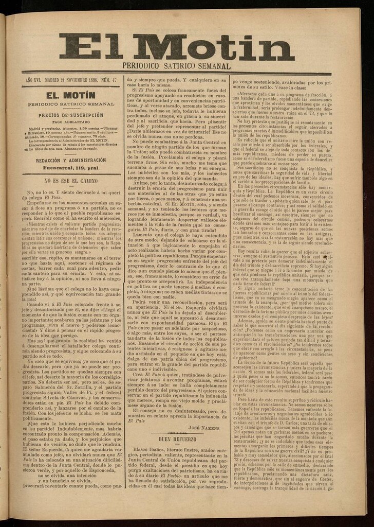Miniatura de El Motín: periódico satírico semanal 21 de Noviembre de 1896