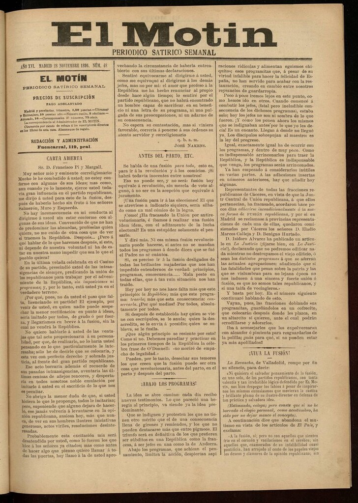 Miniatura de El Motín: periódico satírico semanal 28 de Noviembre de 1896