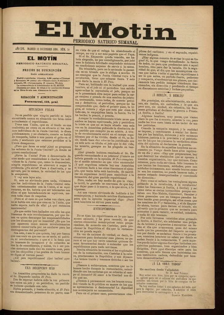 Miniatura de El Motín: periódico satírico semanal 12 de Diciembre de 1896