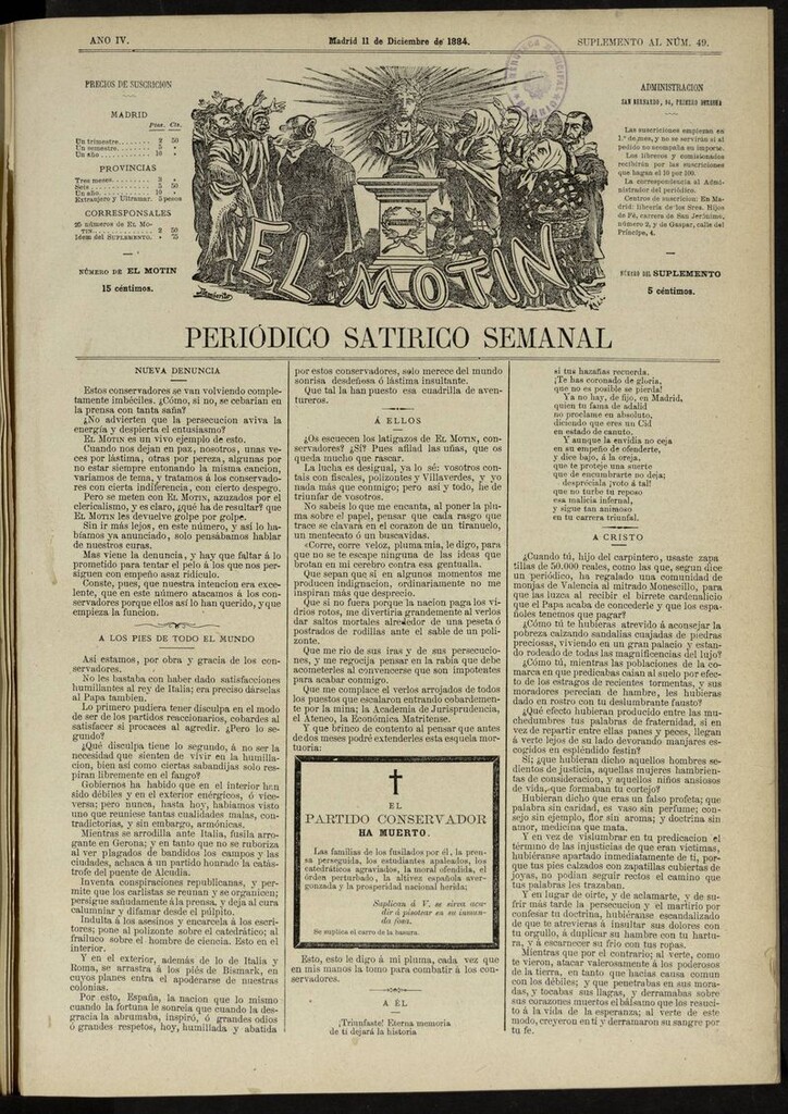 Miniatura de El Motín: periódico satírico semanal del 11 de diciembre de 1884