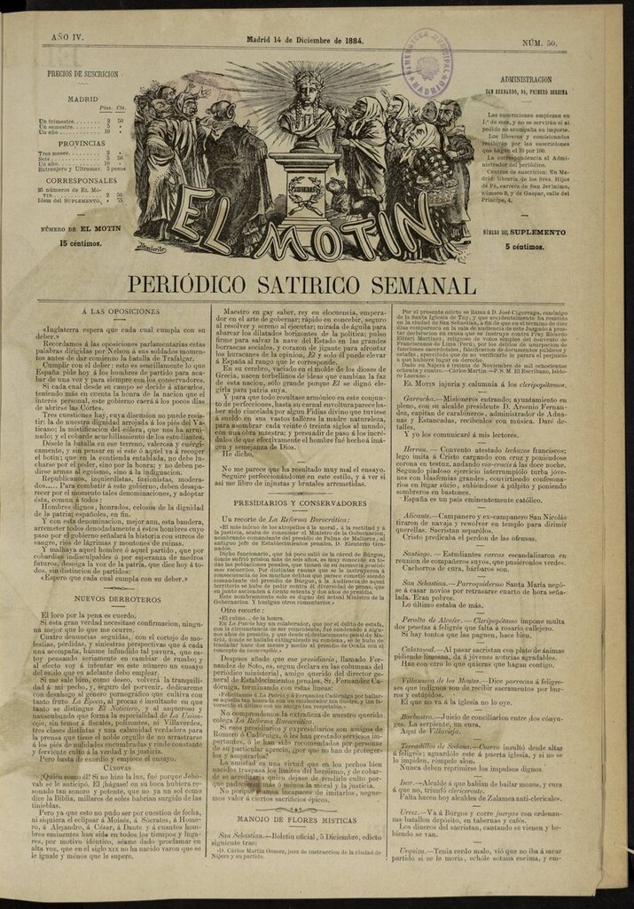 Miniatura de El Motín: periódico satírico semanal del 14 de diciembre de 1884