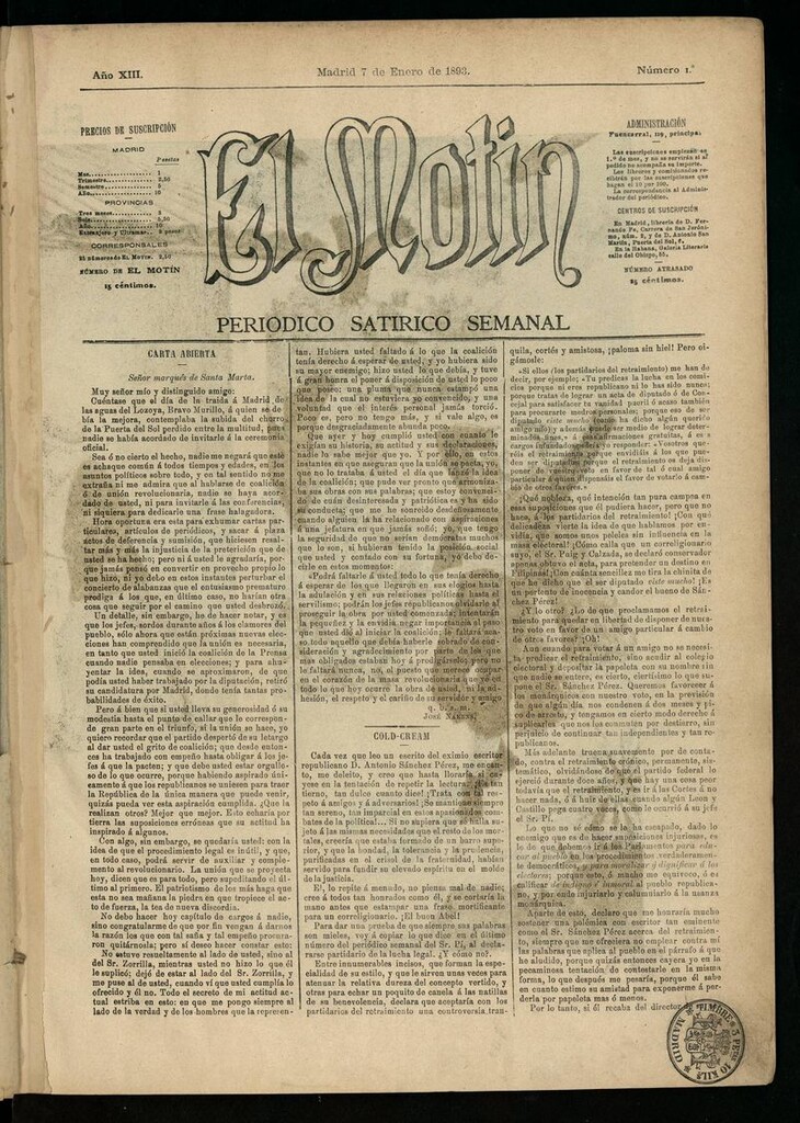 Miniatura de El Motín: periódico satírico semanal del 7 de enero de 1893