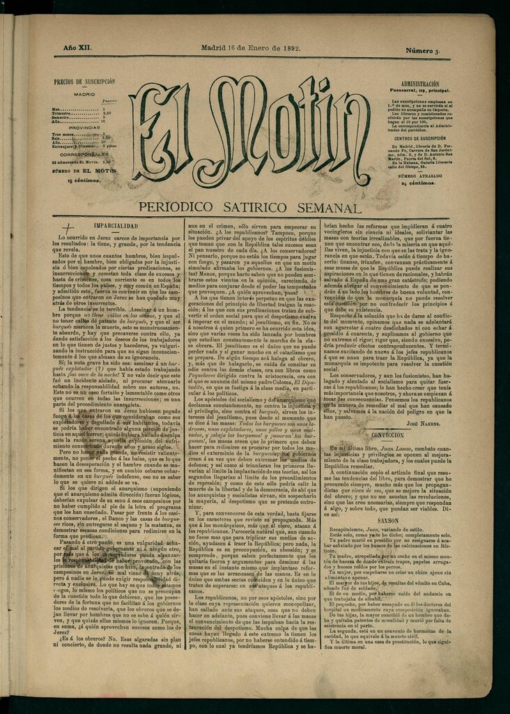 Miniatura de El Motín: periódico satírico semanal 16 de Enero de 1892